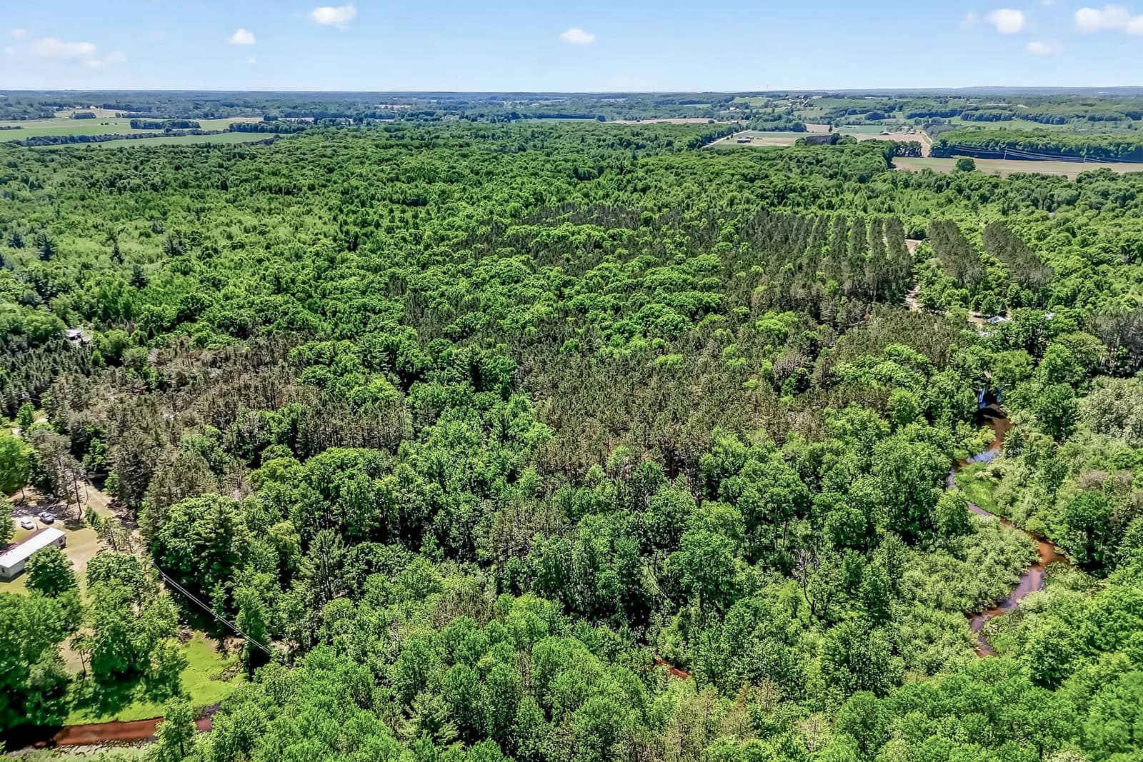 Aerial view over wooded acreage with a creek running through it and farm fields on the horizon in Newaygo County